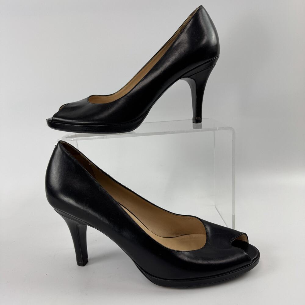 COLE HAAN Women's Black woven Leather Peep Toe Heels size 9.5 AA Narrow